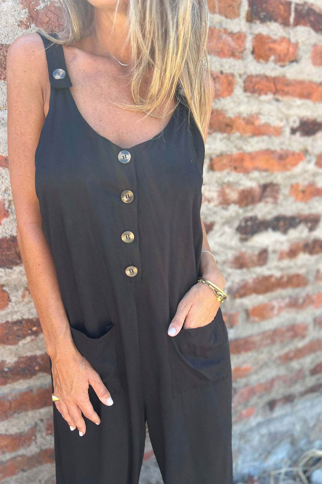 Button Closure Backless Loose Overalls Black · L