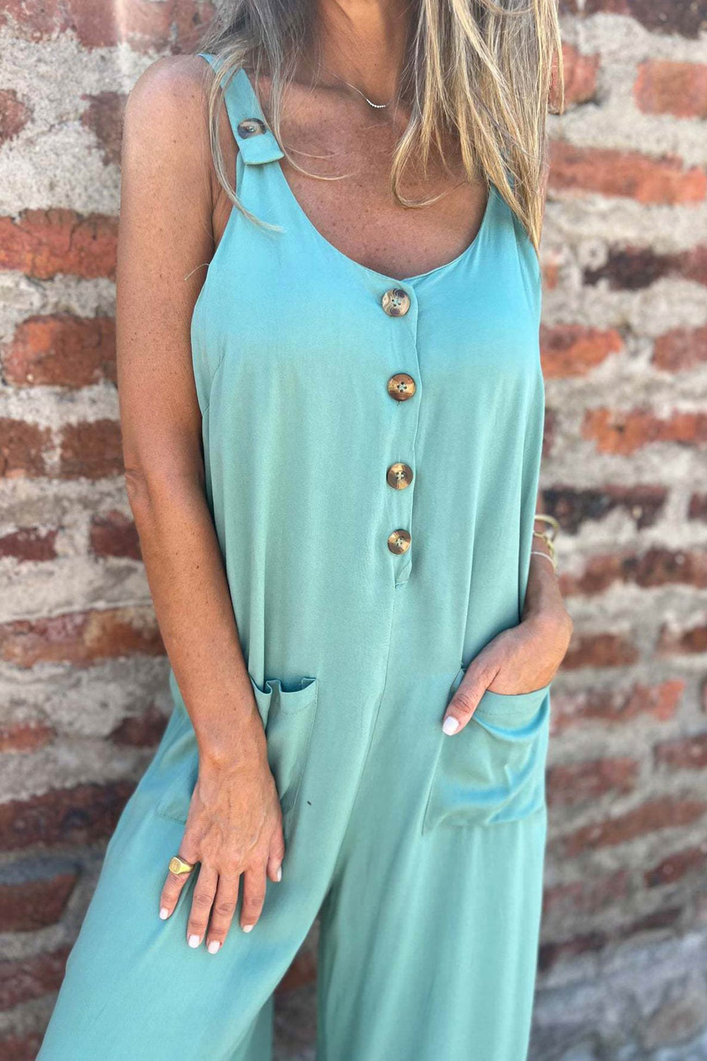 Button Closure Backless Loose Overalls Blue · M