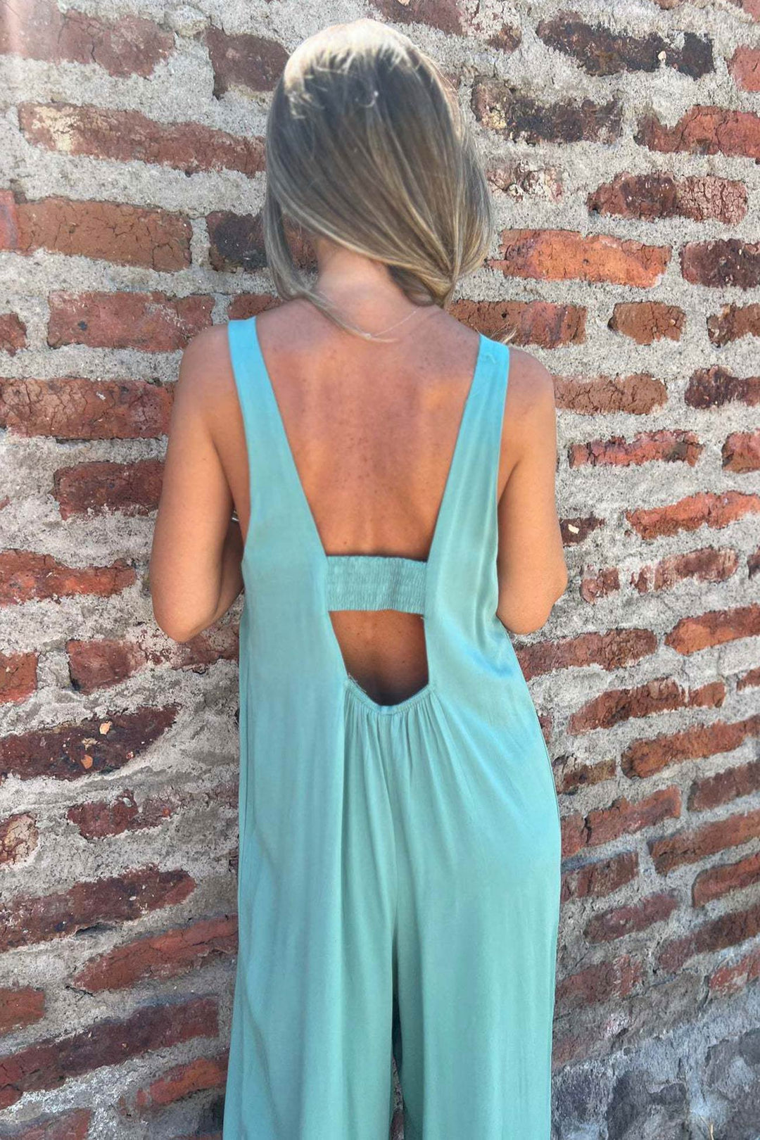 Button Closure Backless Loose Overalls Blue · S