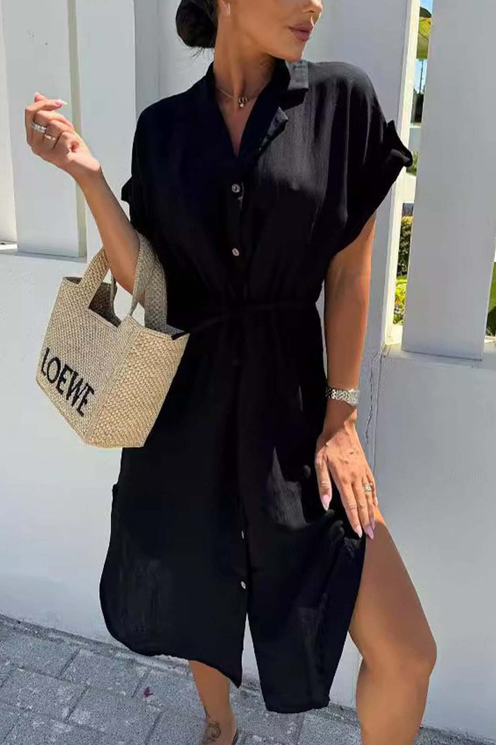 Button Down Short Sleeve Waist Tie Shirt Dress Beige · M