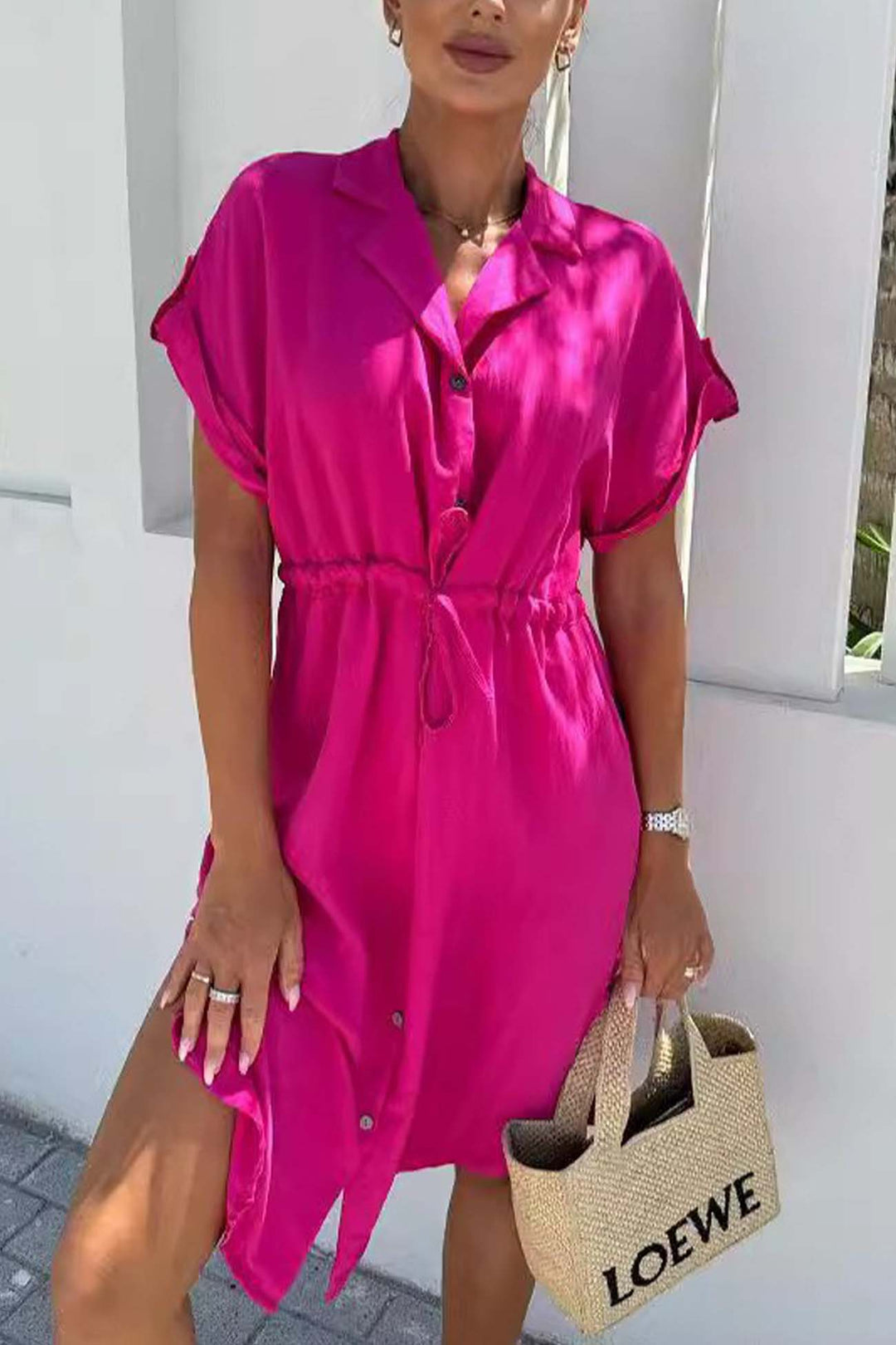 Button Down Short Sleeve Waist Tie Shirt Dress