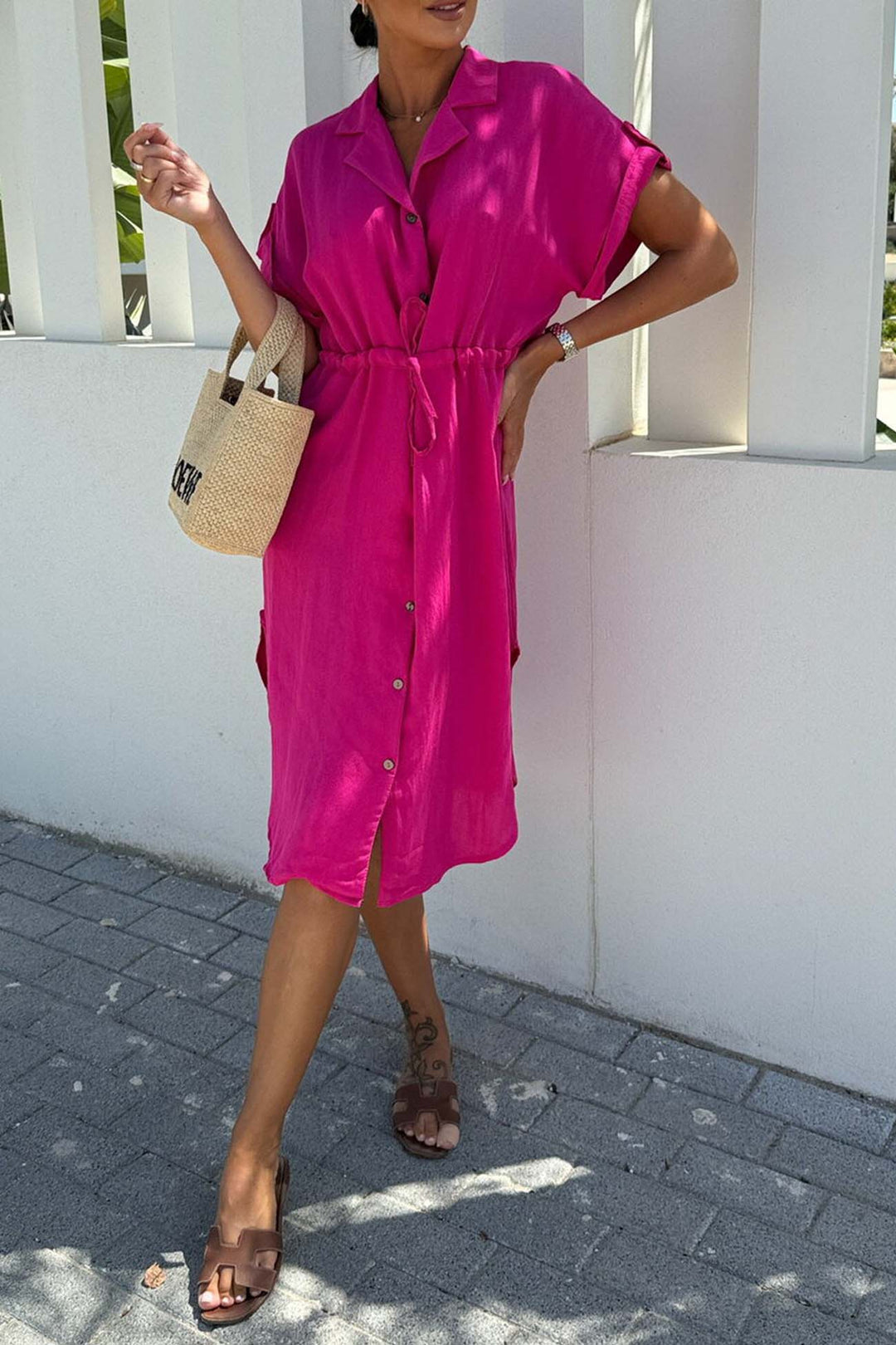 Button Down Short Sleeve Waist Tie Shirt Dress Rose · S