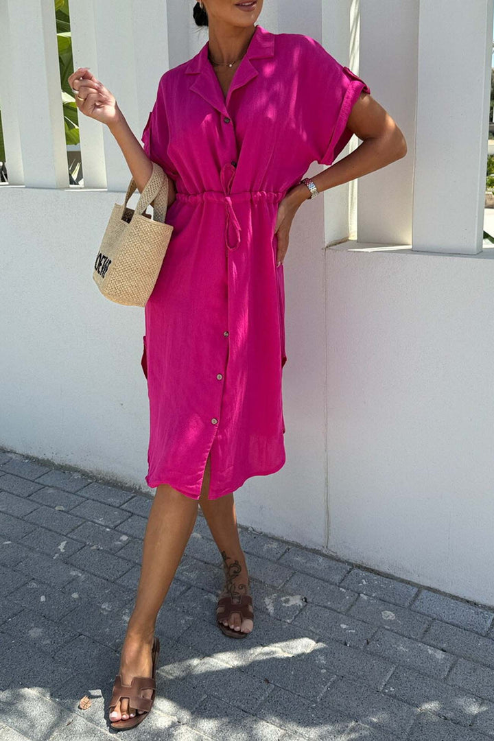 Button Down Short Sleeve Waist Tie Shirt Dress Rose · S