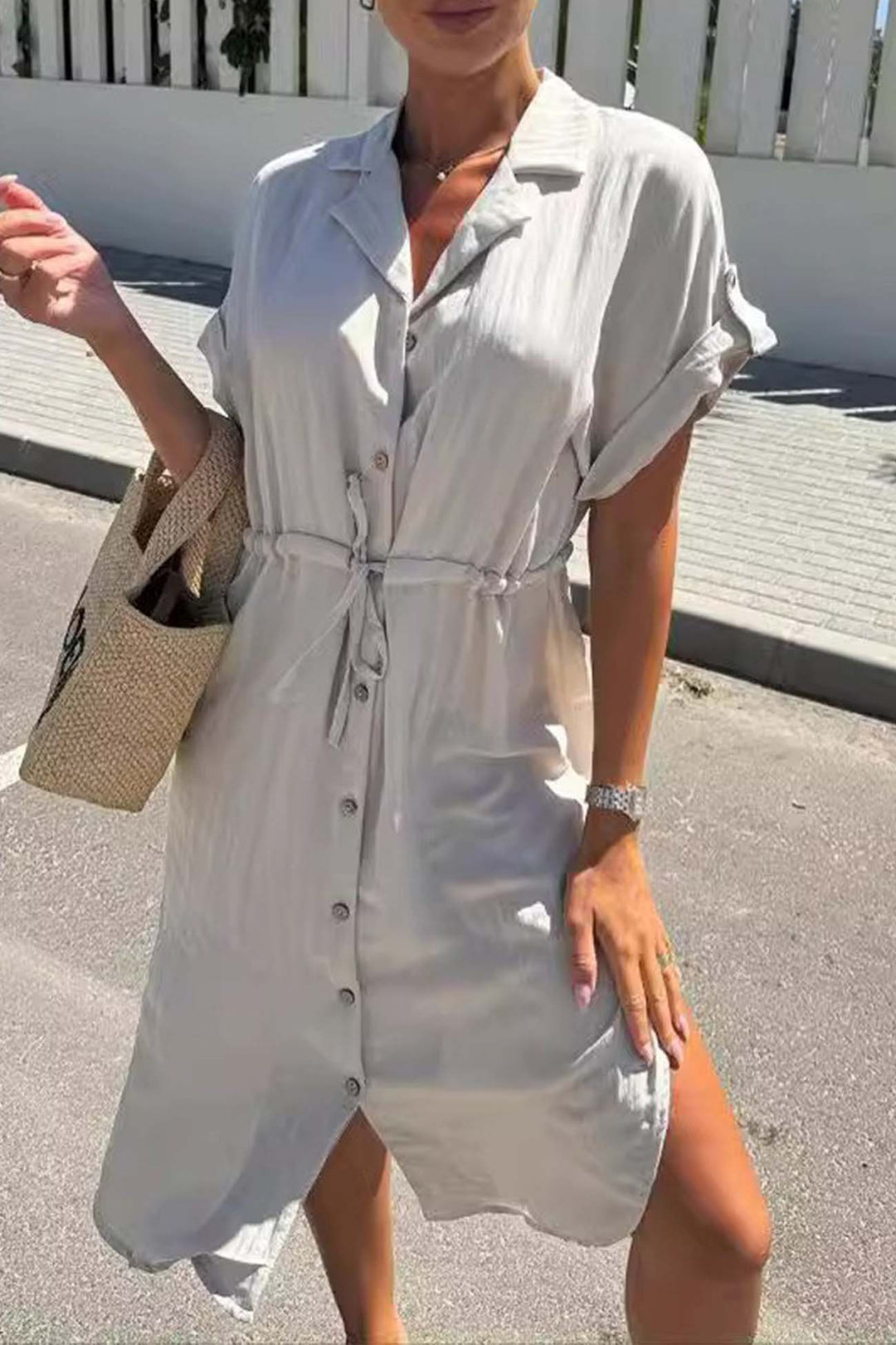 Button Down Short Sleeve Waist Tie Shirt Dress Rose · M