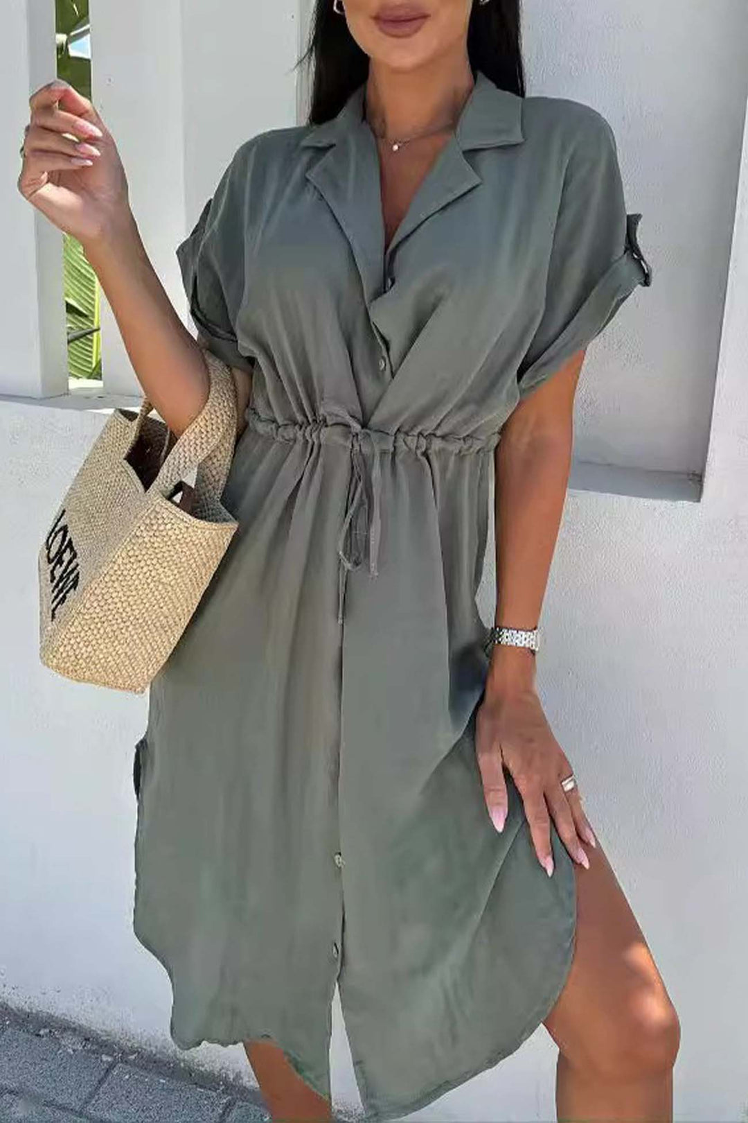 Button Down Short Sleeve Waist Tie Shirt Dress Rose · XL