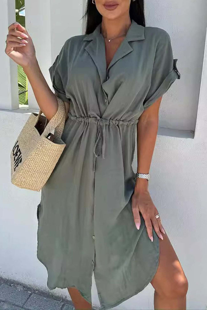 Button Down Short Sleeve Waist Tie Shirt Dress Rose · XL