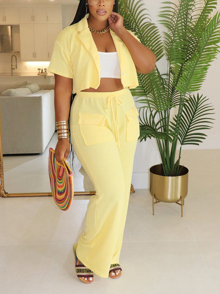 Ribbed Crop Top & Cargo Pants Set Yellow / XL