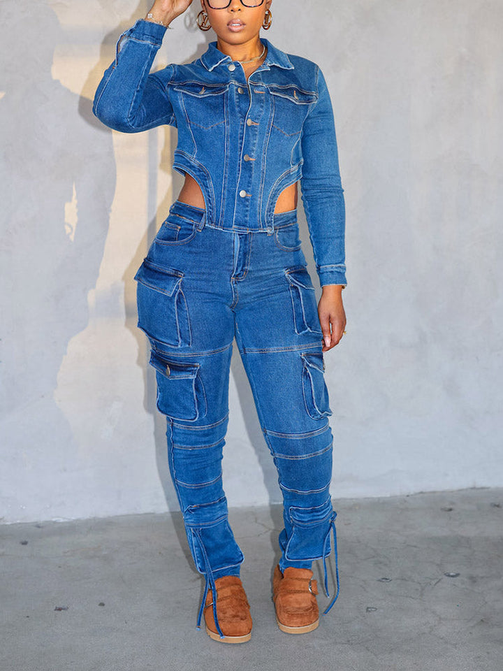 Denim Asymmetrical Jacket & Cargo Jeans Set Dark Blue / L
