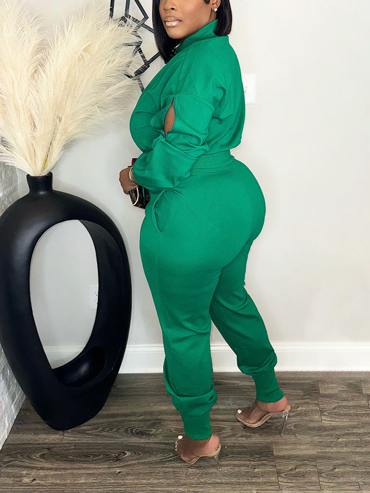 Zipper Crop Jacket Jogger Set Green / 2XL