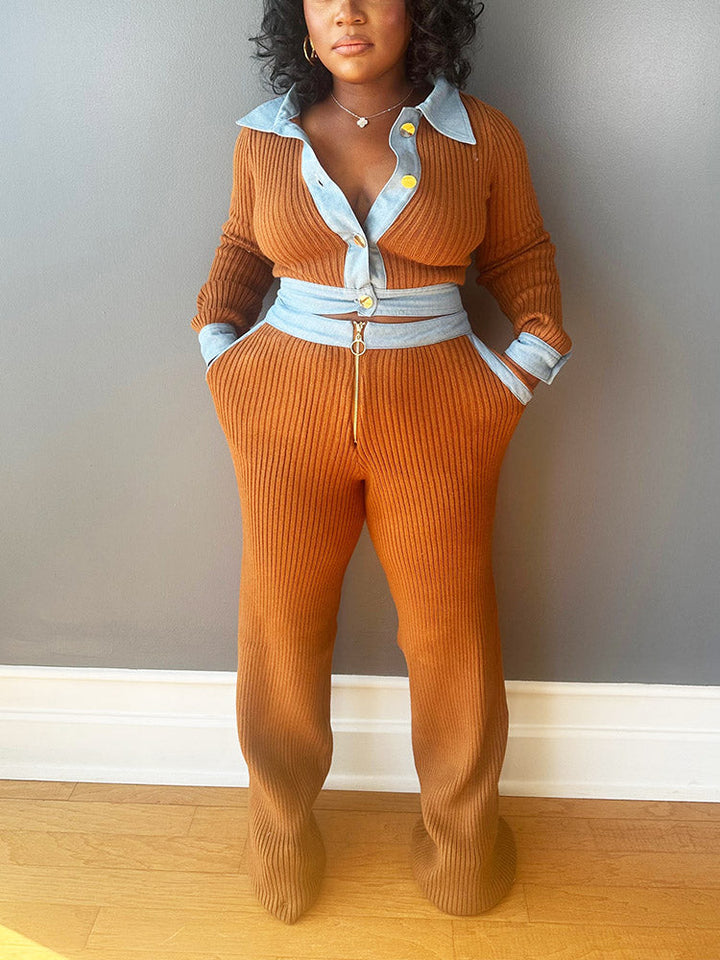 Denim-Trimmed Knit Set *Black / S