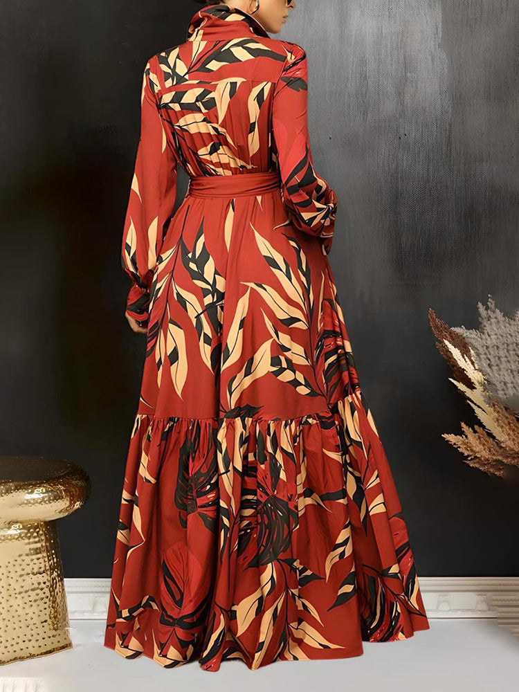 Leaf Print Ruffle Hem Dress Red / M