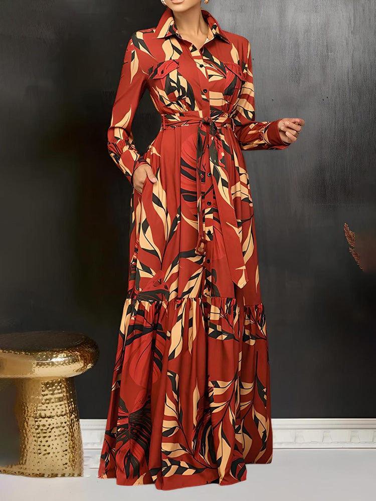 Leaf Print Ruffle Hem Dress Red / S