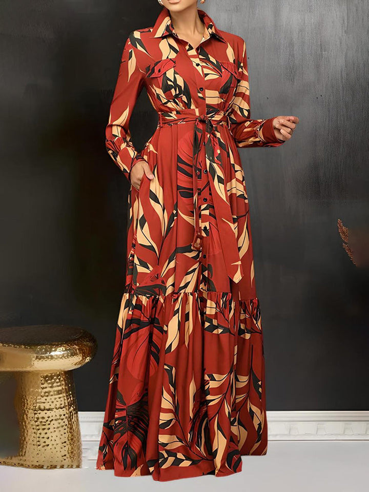 Leaf Print Ruffle Hem Dress Red / S