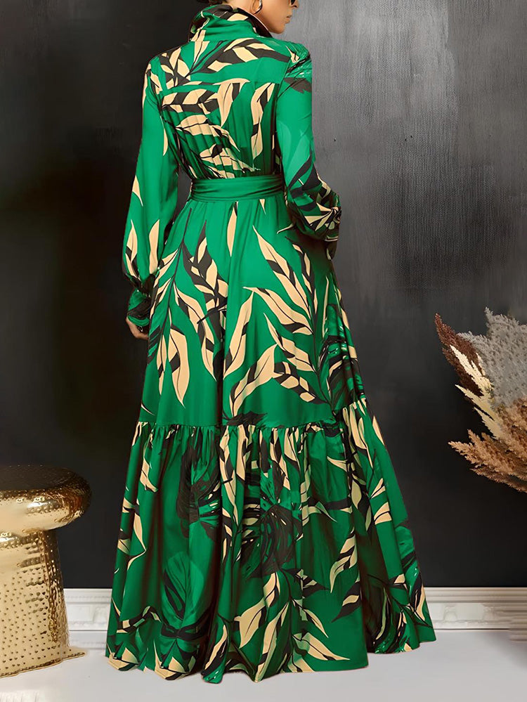 Leaf Print Ruffle Hem Dress Green / L