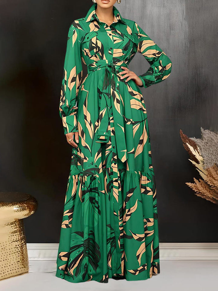Leaf Print Ruffle Hem Dress Green / M