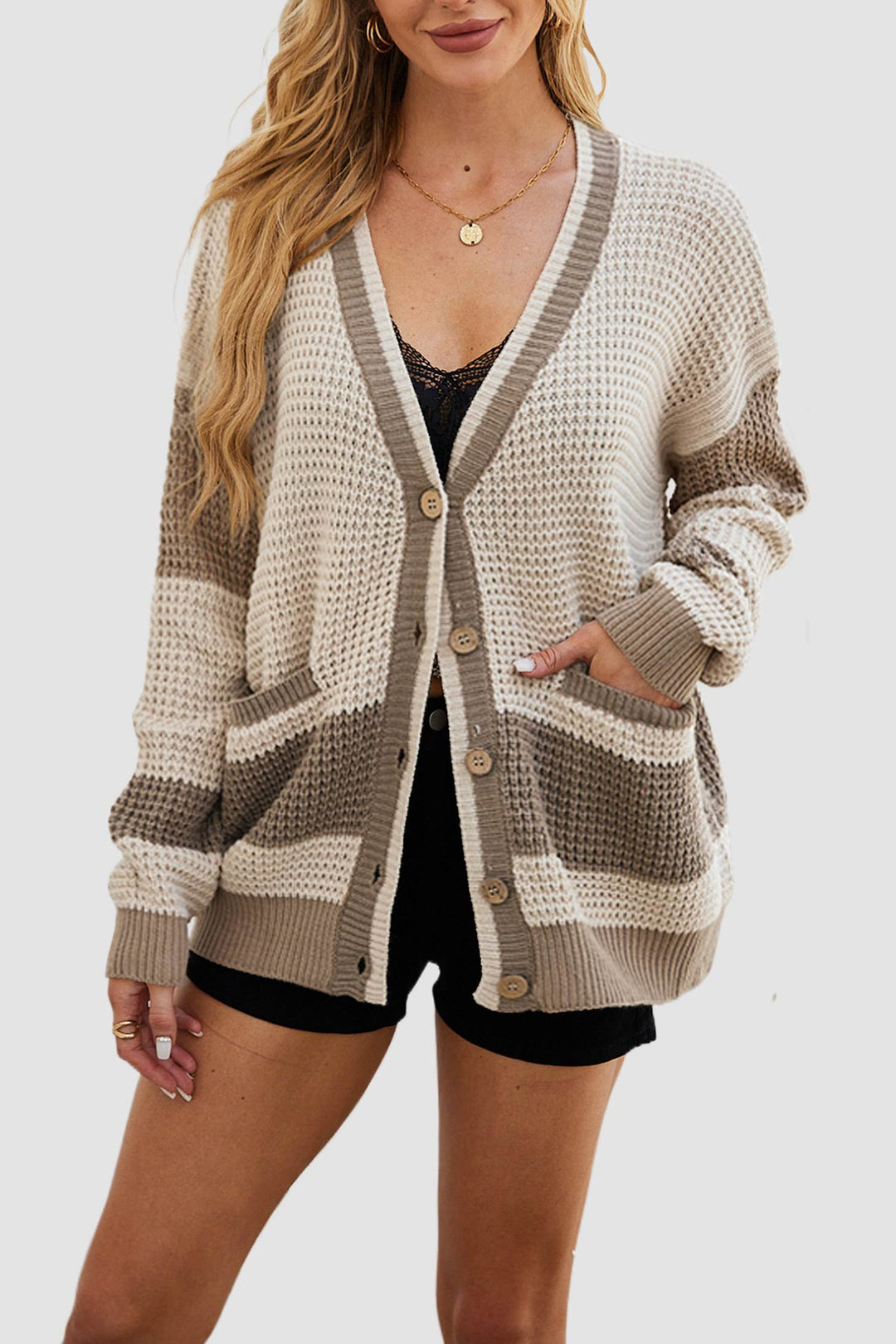 Color Splicing Button-down Cardigan Grey · S