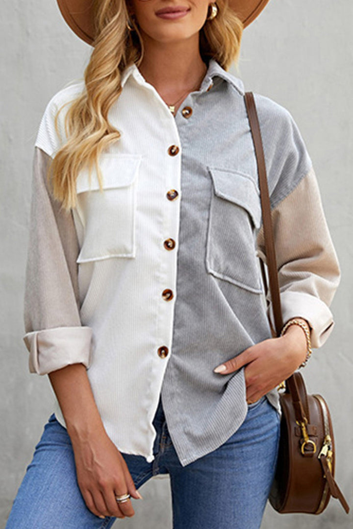 Colorblock Patchwork Single-breasted Blouse Pink · L