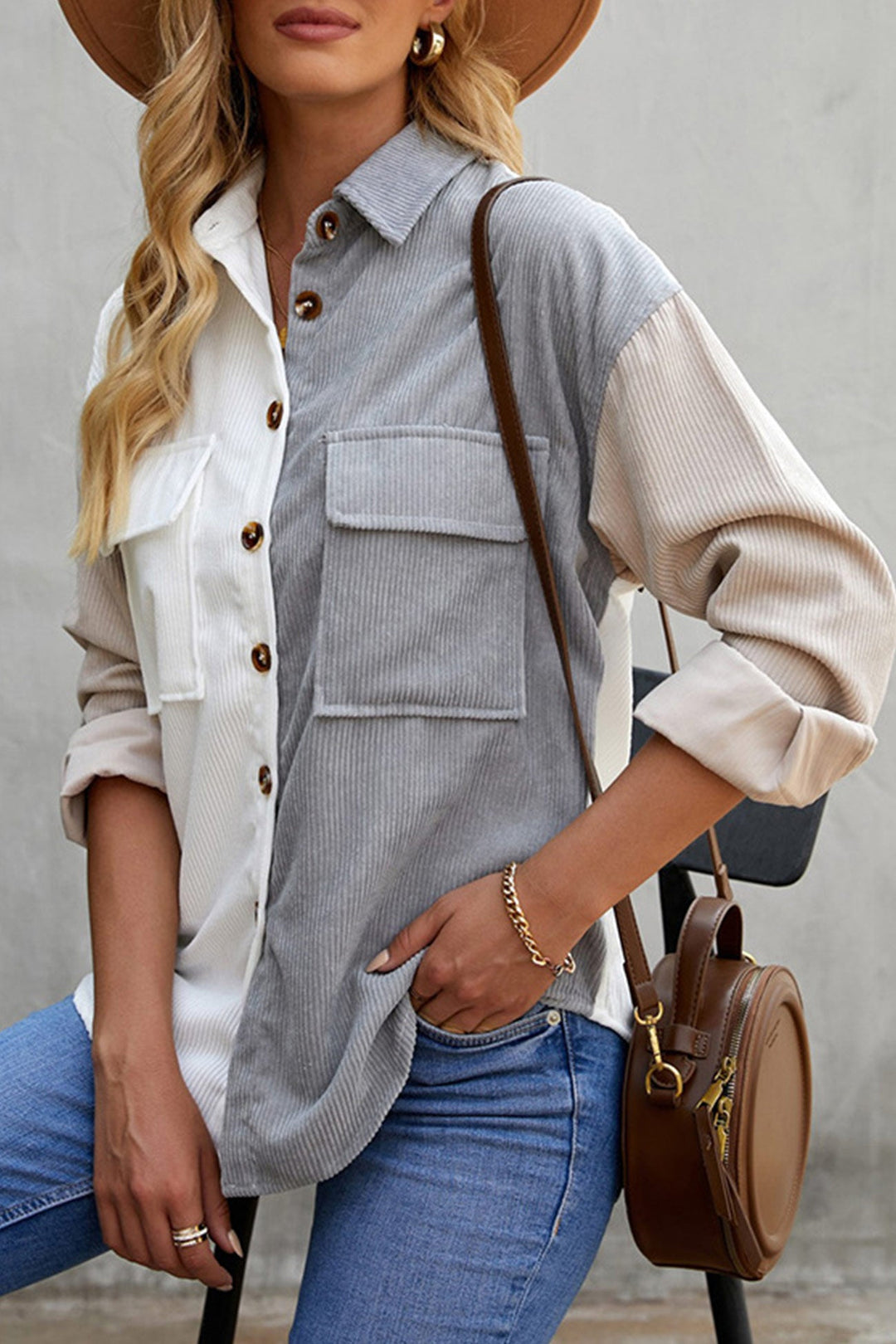 Colorblock Patchwork Single-breasted Blouse Pink · M