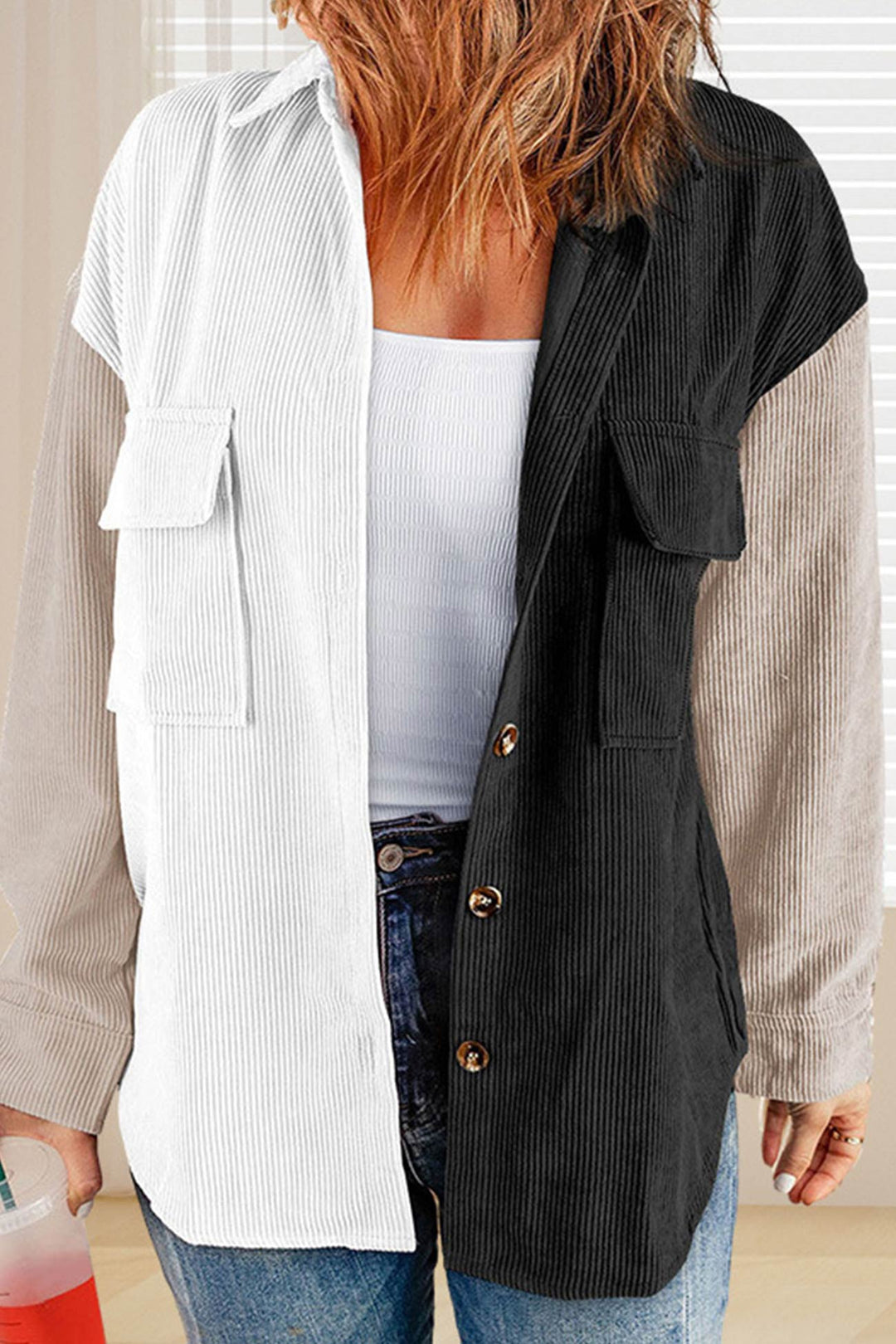Colorblock Patchwork Single-breasted Blouse White · M