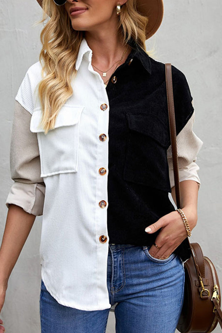 Colorblock Patchwork Single-breasted Blouse White · S