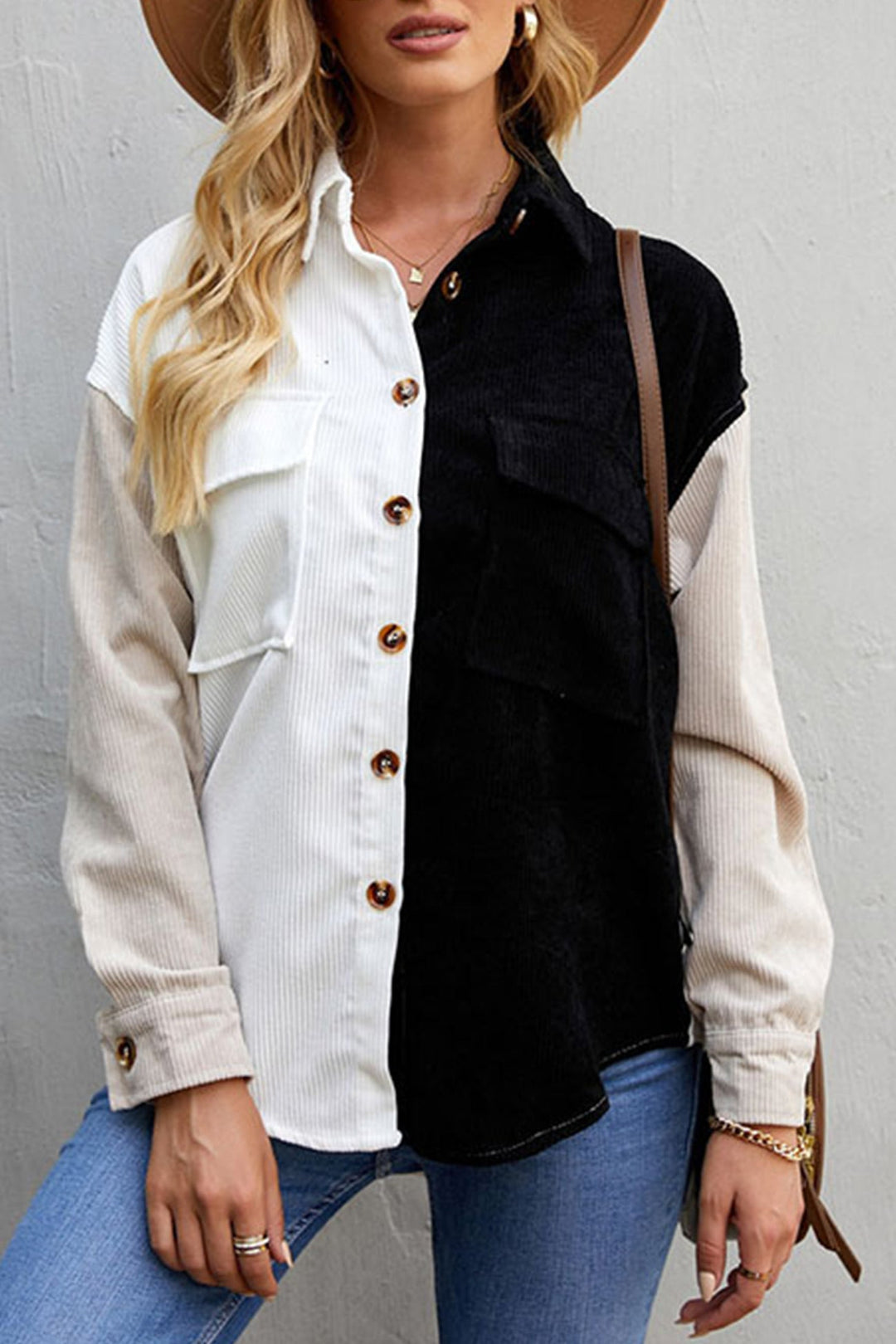 Colorblock Patchwork Single-breasted Blouse Pink · 2XL