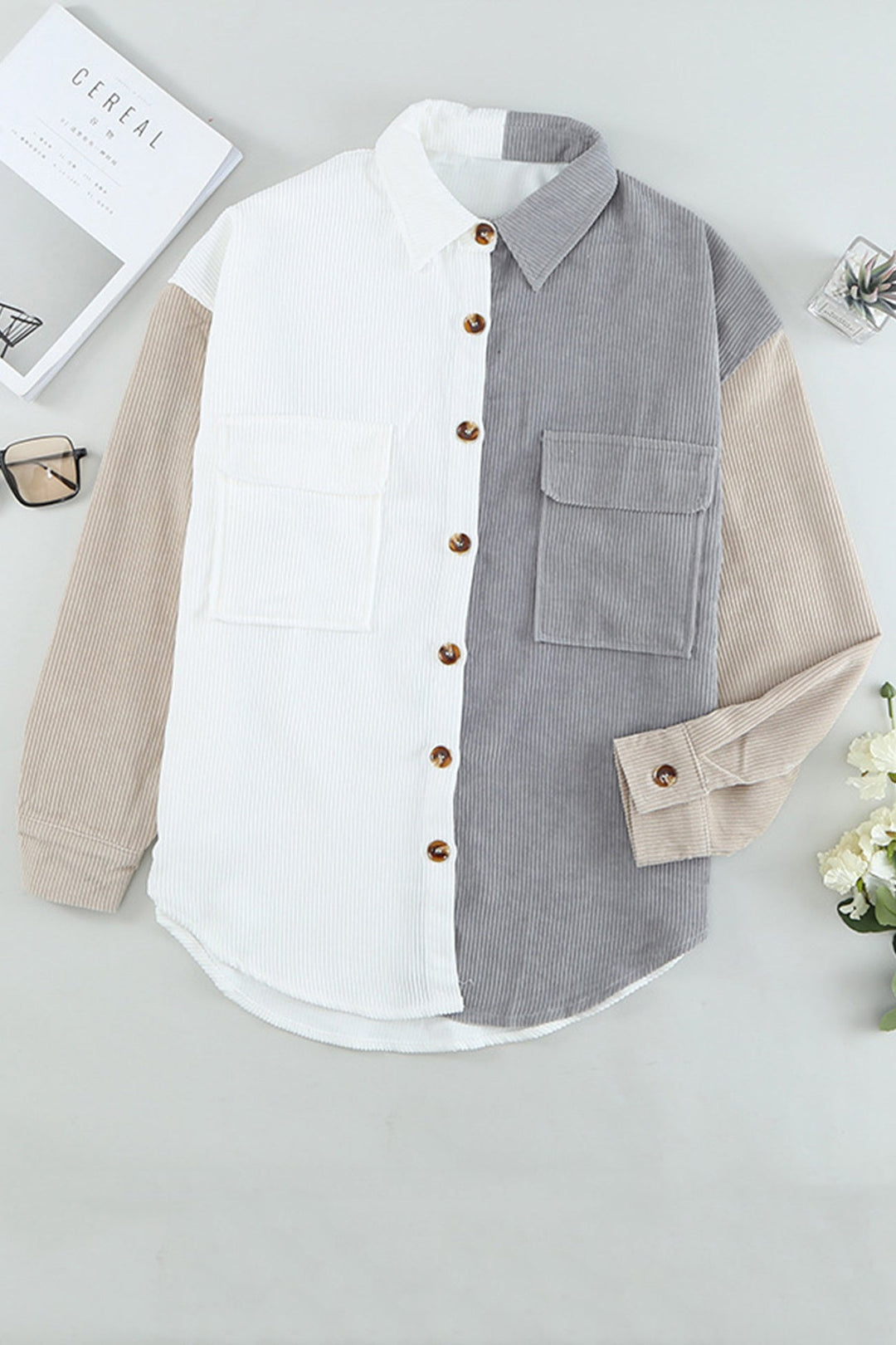 Colorblock Patchwork Single-breasted Blouse Pink · XL