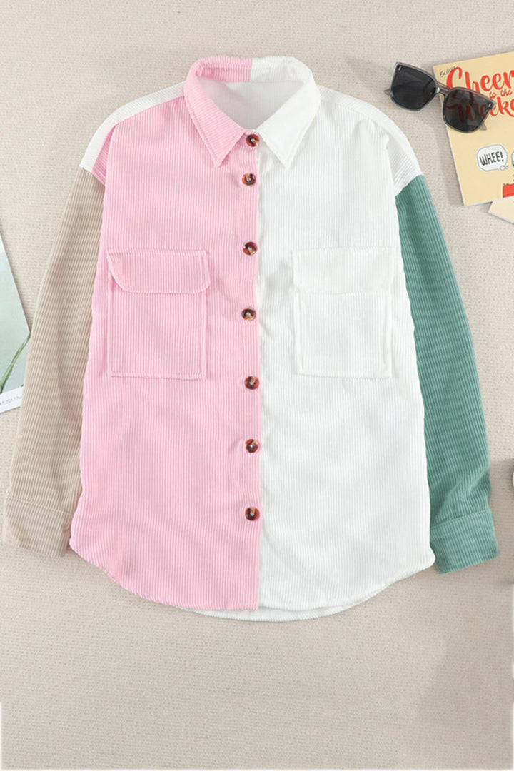 Colorblock Patchwork Single-breasted Blouse Pink · S