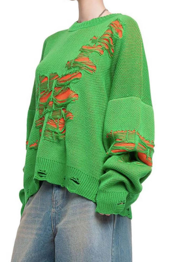 Contrast Distressed Pullover Sweater Green · S