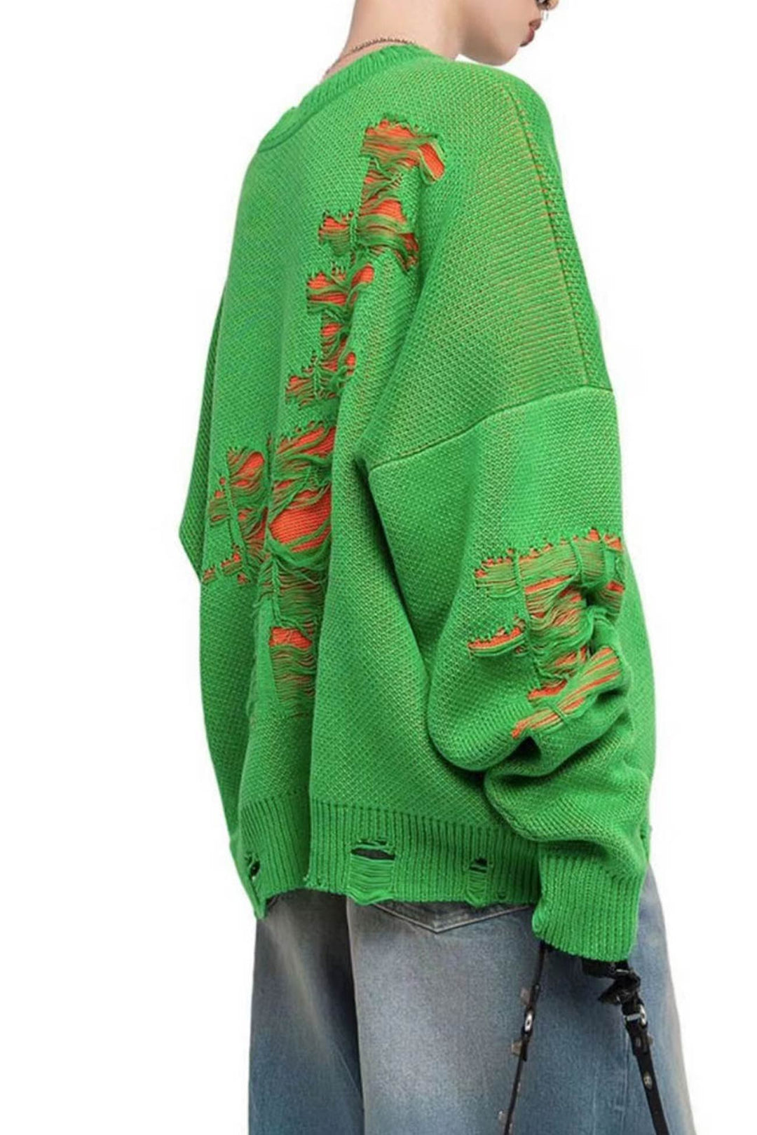 Contrast Distressed Pullover Sweater Green · M