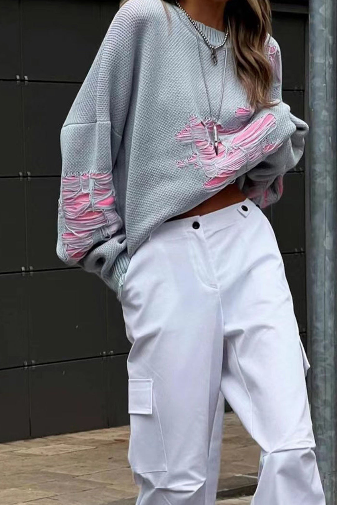 Contrast Distressed Pullover Sweater Grey · S