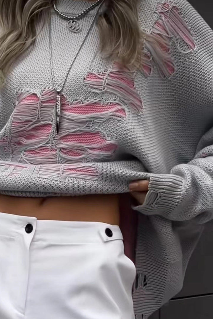 Contrast Distressed Pullover Sweater Grey · M