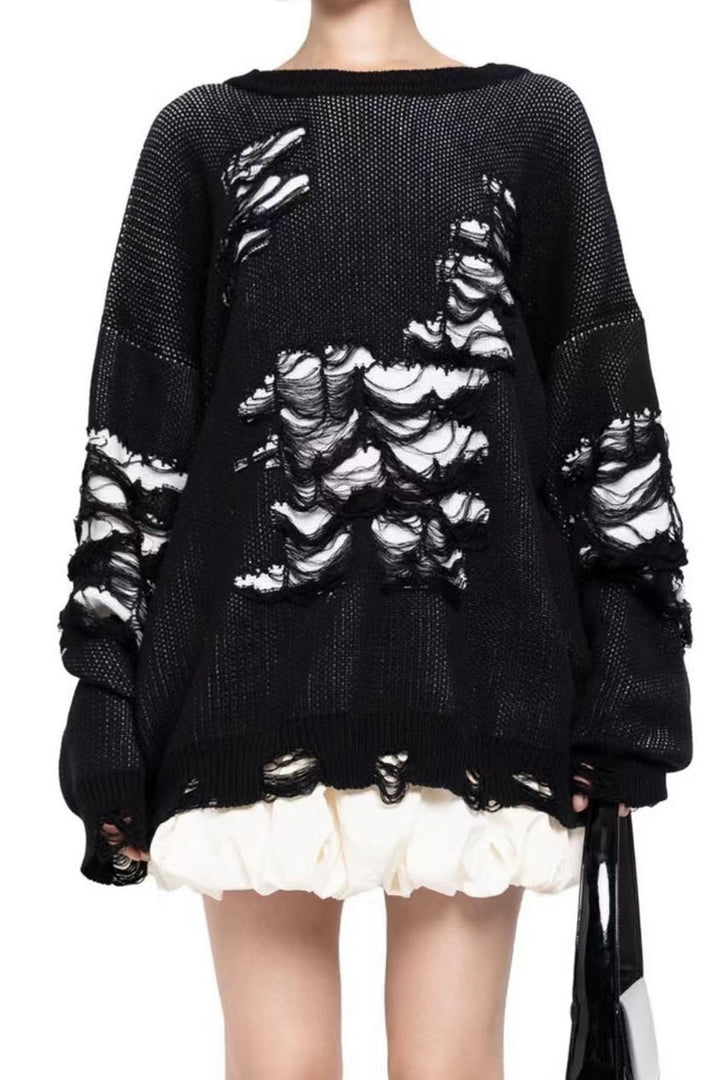 Contrast Distressed Pullover Sweater Black · M