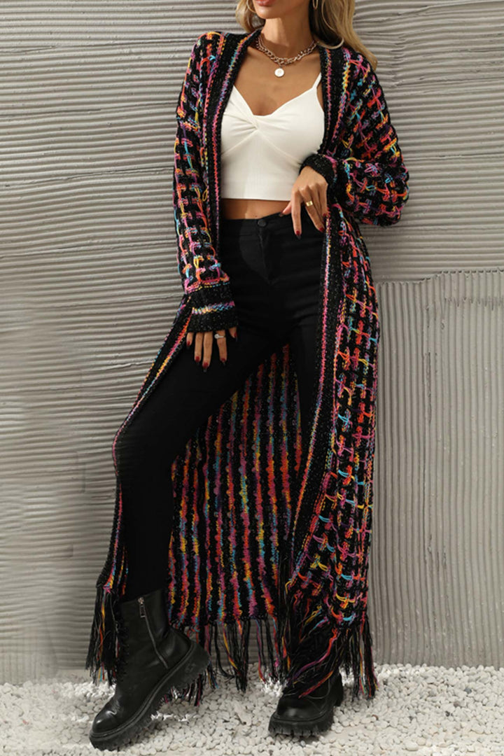 Contrast Fringe Hem Open Front Long Cardigan Black · 2XL