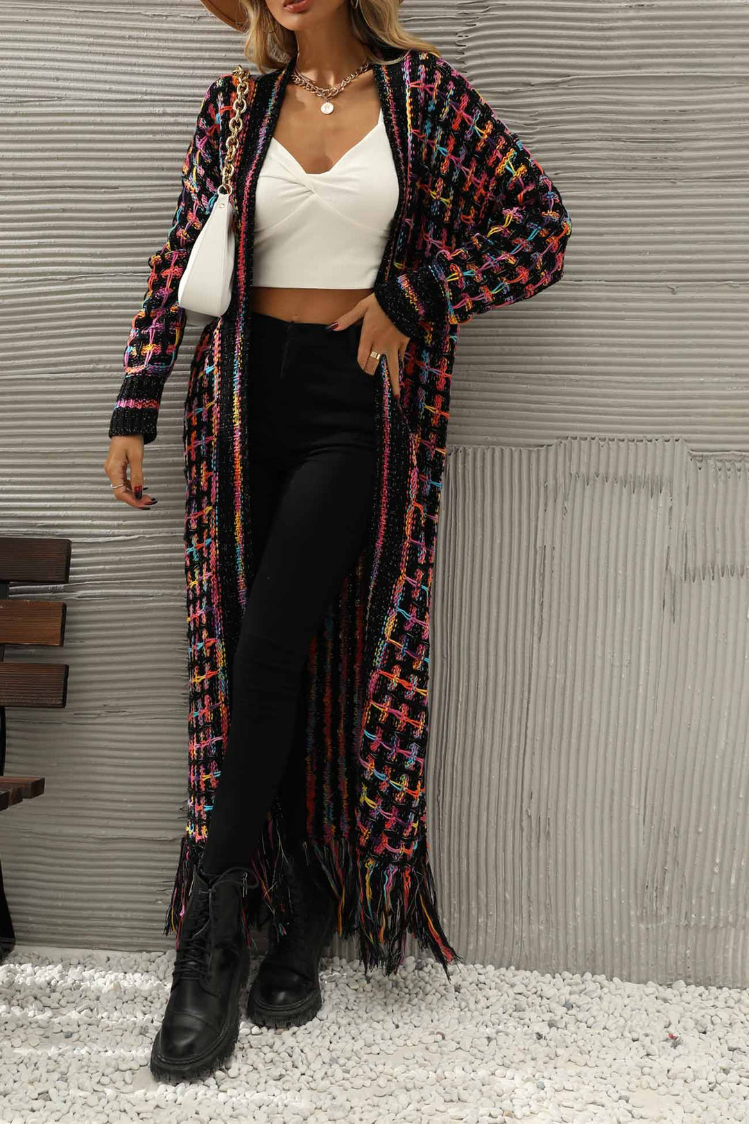 Contrast Fringe Hem Open Front Long Cardigan Black · 3XL