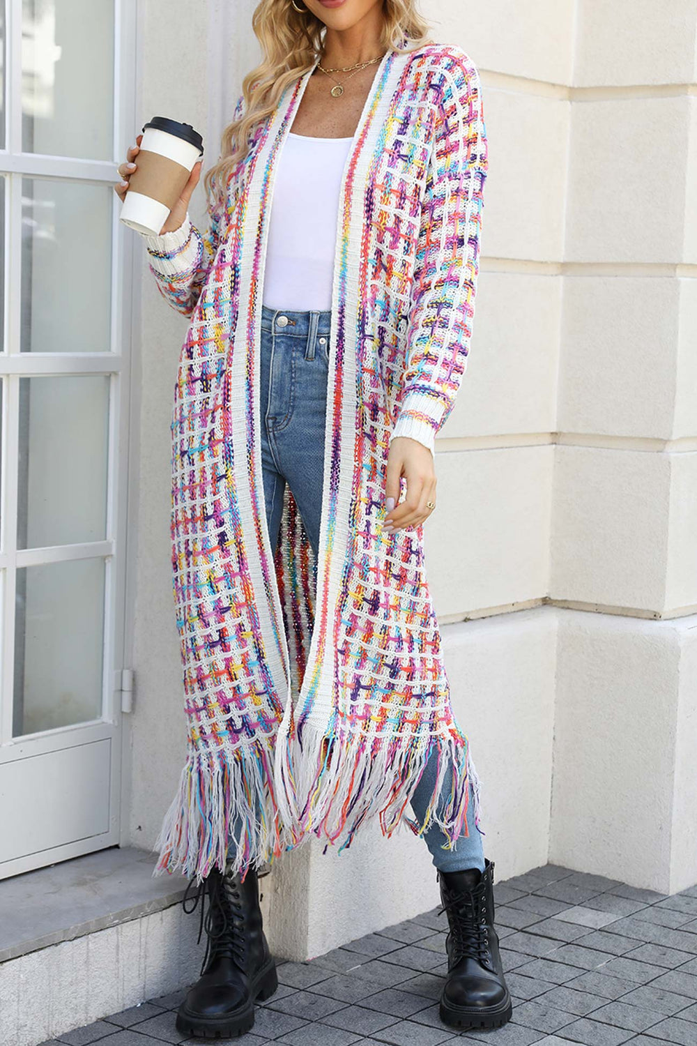 Contrast Fringe Hem Open Front Long Cardigan Rose · M
