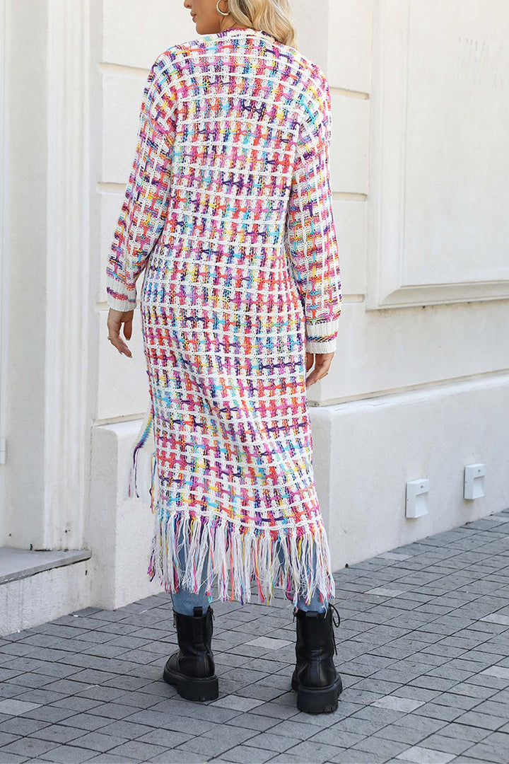 Contrast Fringe Hem Open Front Long Cardigan Rose · XL