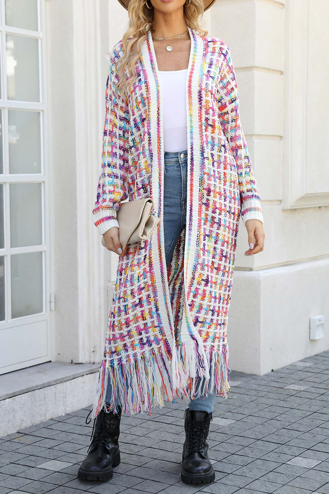 Contrast Fringe Hem Open Front Long Cardigan Rose · S