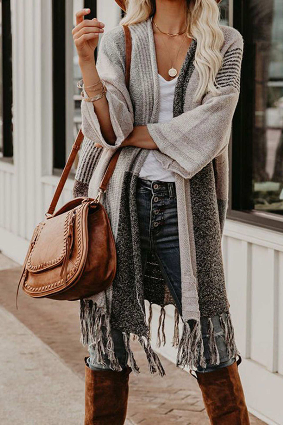 Contrast Fringe Hem Shawl Cardigan Grey · S