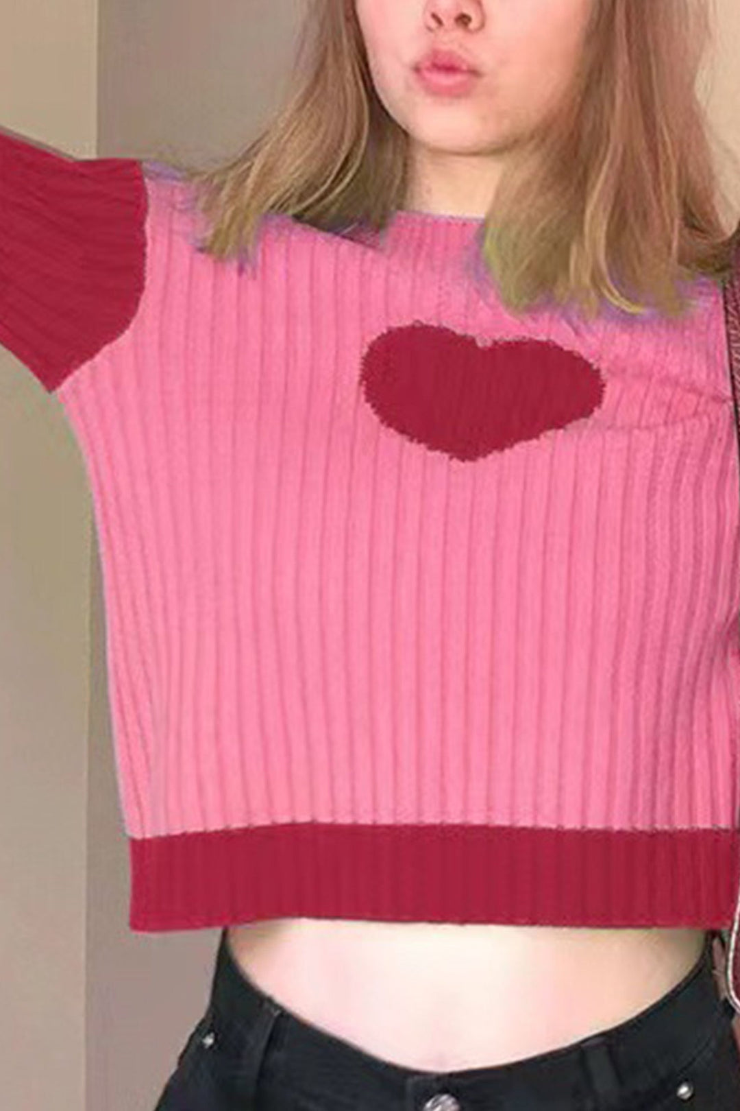 Contrast Mock Neck Heart Graphic Ribbed Knit Tops Pink · S