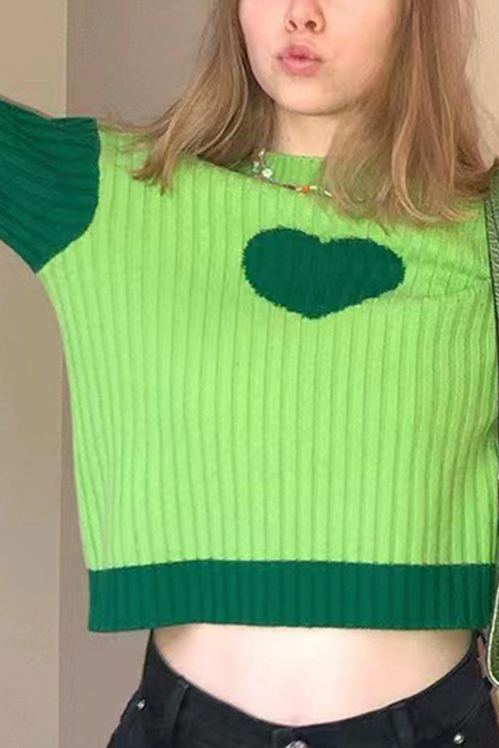 Contrast Mock Neck Heart Graphic Ribbed Knit Tops Pink · L