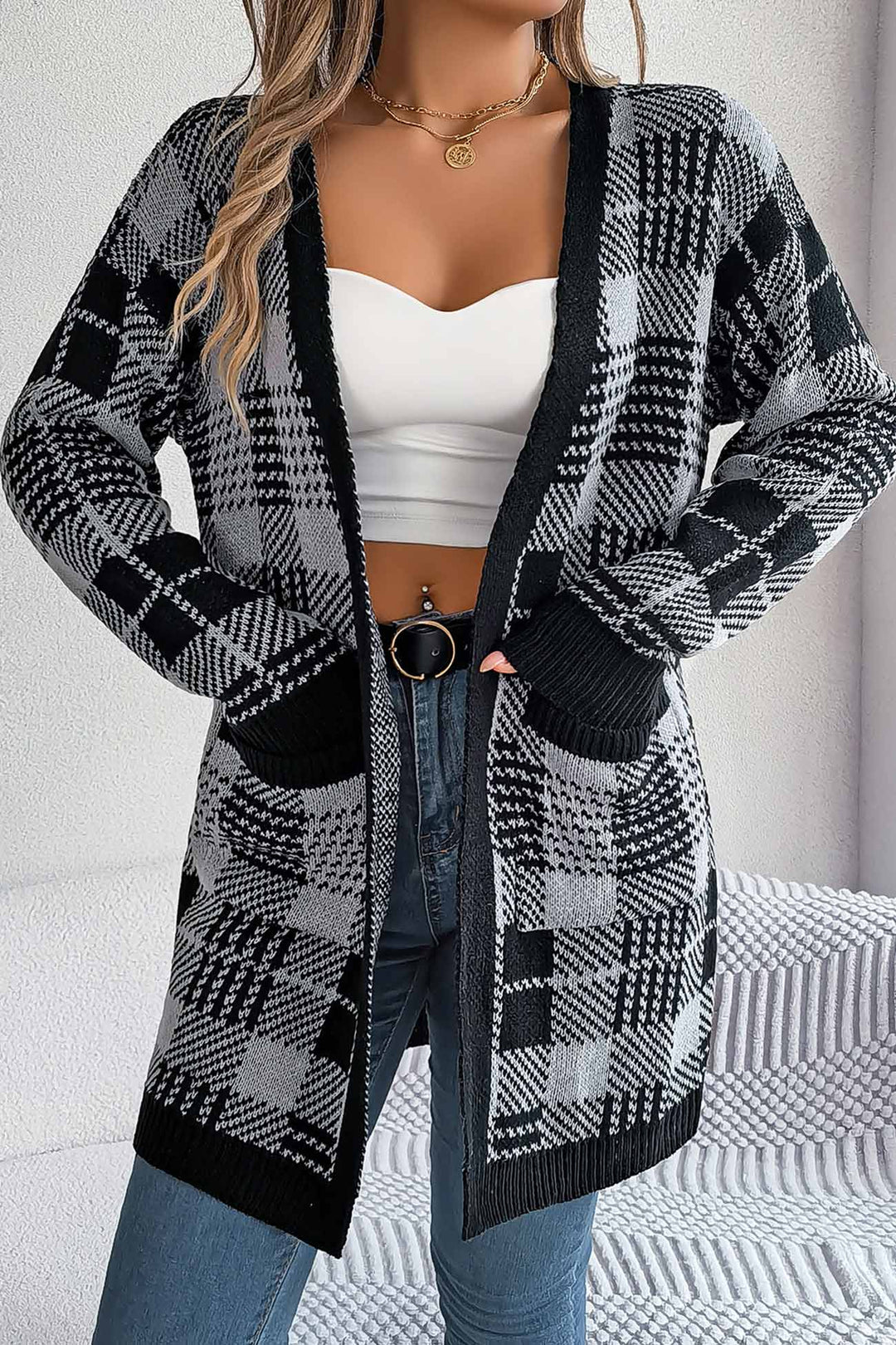 Contrast Plaid Open Front Cardigan