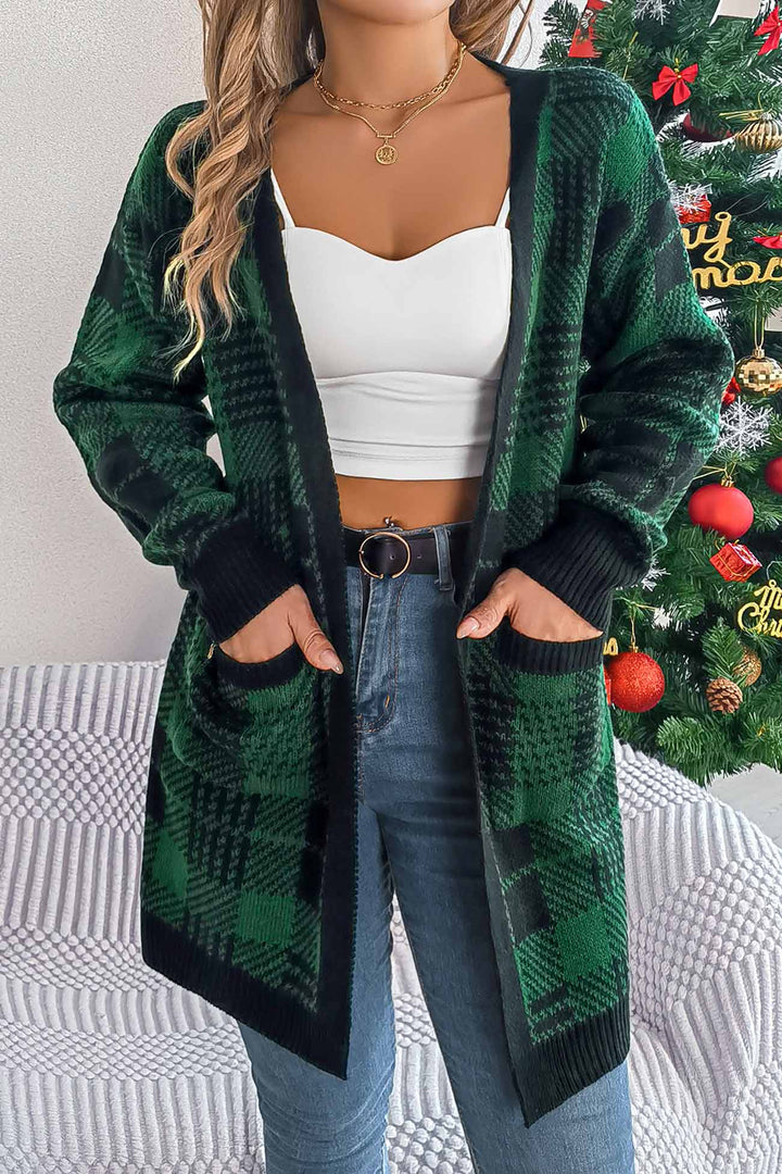 Contrast Plaid Open Front Cardigan Green · L