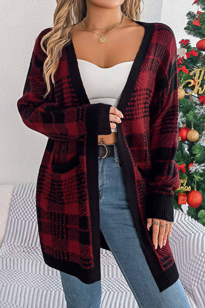 Contrast Plaid Open Front Cardigan Red · M
