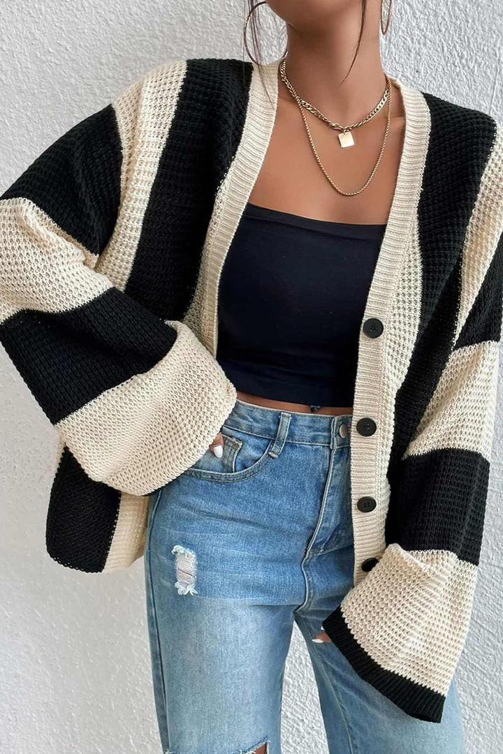 Contrast Striped Flare Sleeve Cardigan Black · S