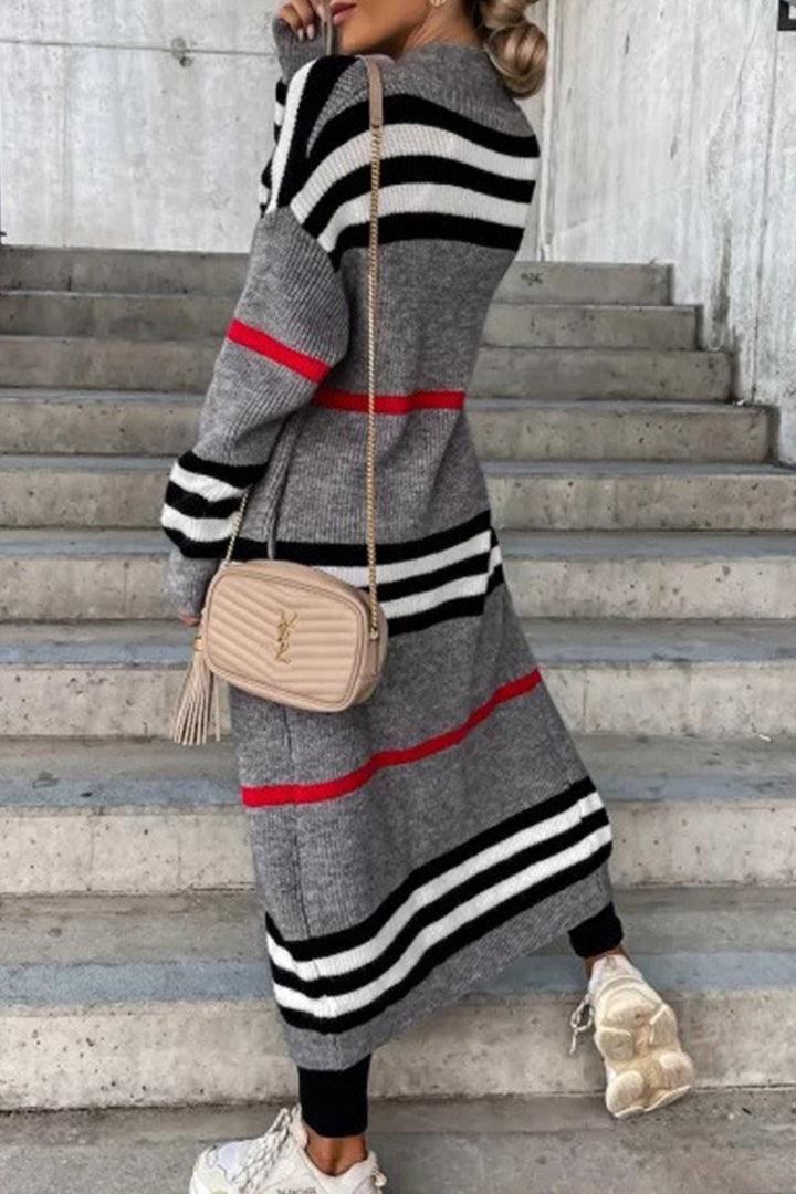 Contrast Striped Open Front Cardigan Grey · S