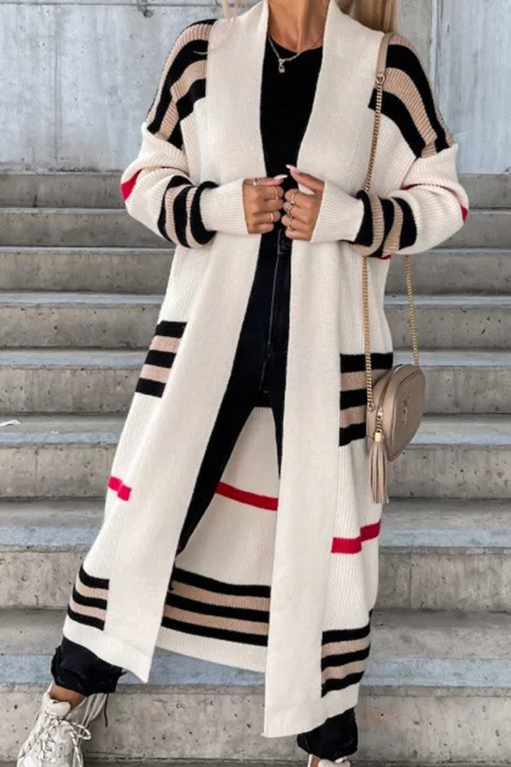 Contrast Striped Open Front Cardigan Beige · XL