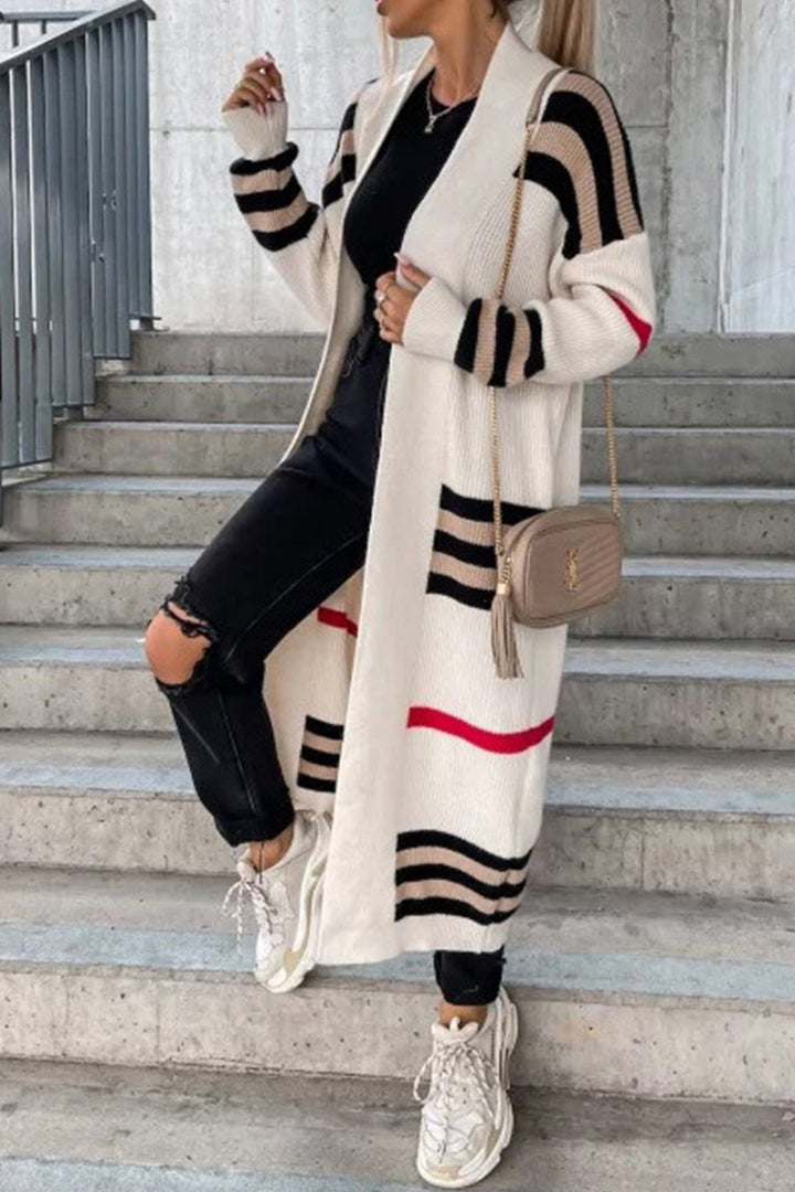 Contrast Striped Open Front Cardigan Black · M