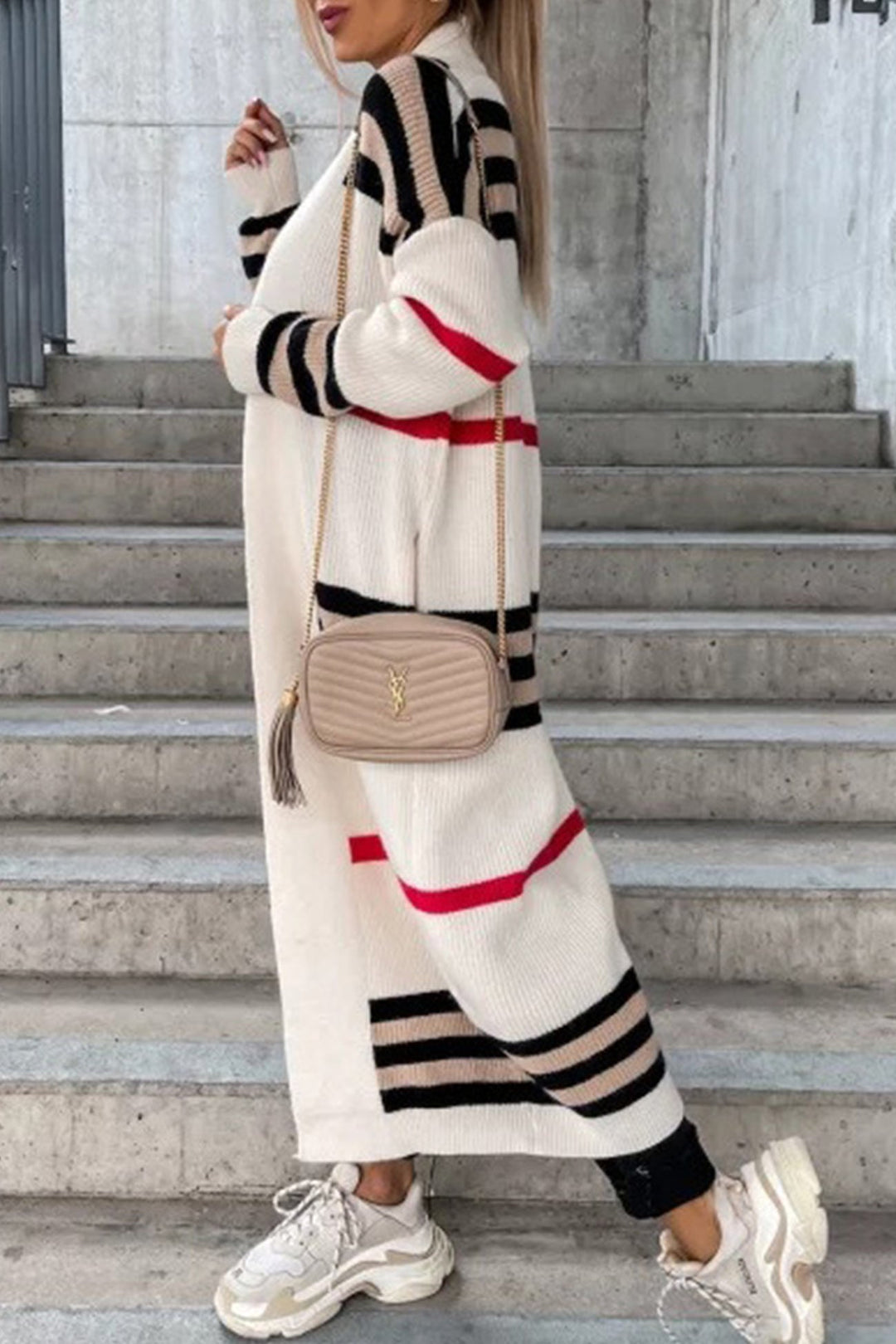 Contrast Striped Open Front Cardigan Black · S