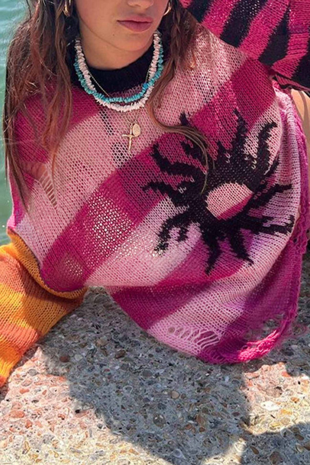 Contrast Striped Patchwork Distressed Sweater Rose · M