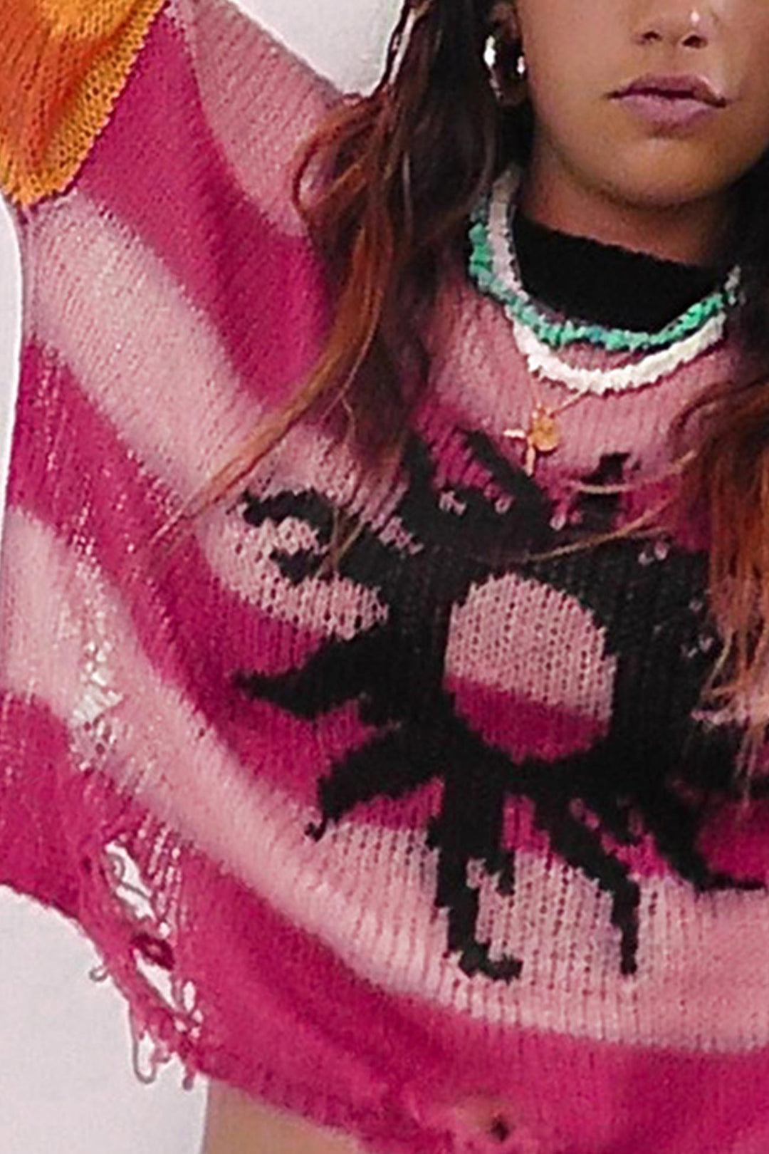 Contrast Striped Patchwork Distressed Sweater Rose · S